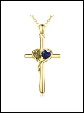 14K Gold Cross Necklace Double Birthstone Pendant Gift for Her